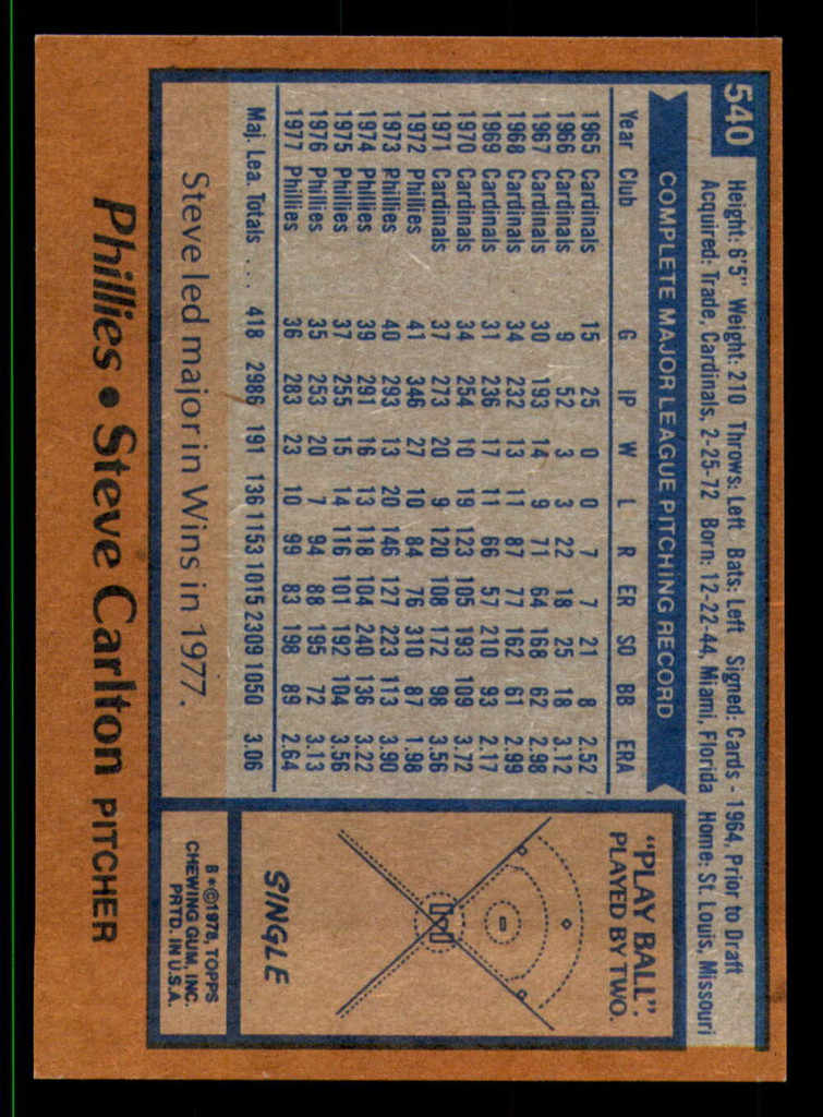 1978 Topps #540 Steve Carlton Near Mint+  ID: 374839