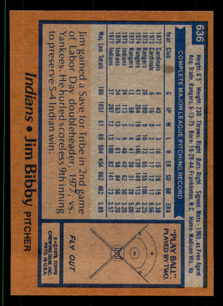 1978 Topps #636 Jim Bibby Near Mint+  ID: 374932