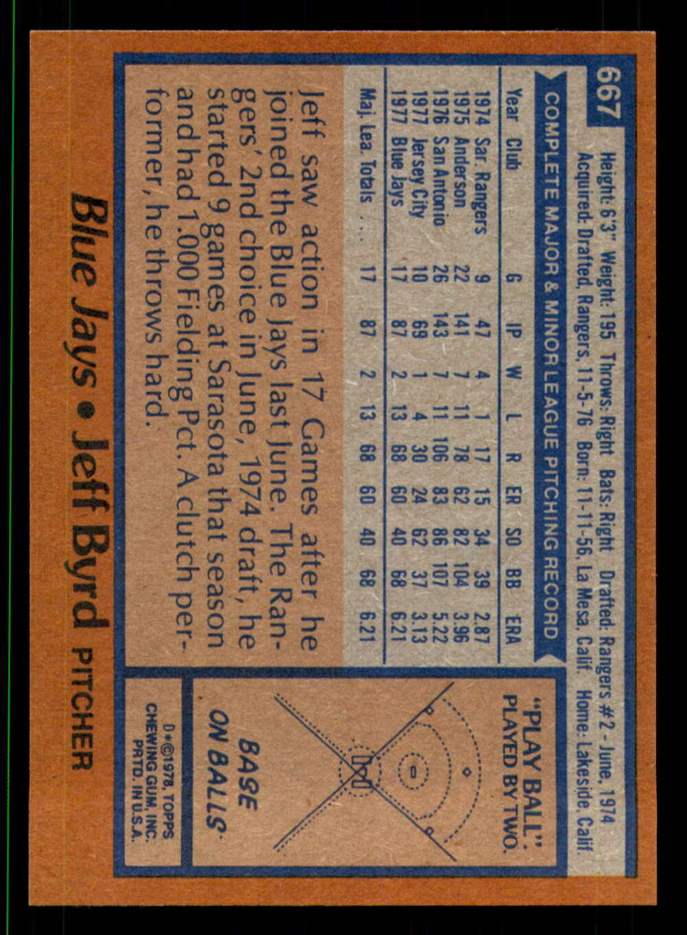 1978 Topps #667 Jeff Byrd NM-Mint RC Rookie 
