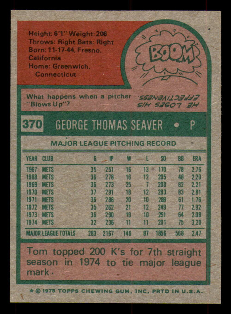 1975 Topps #370 Tom Seaver Ex-Mint  ID: 375217