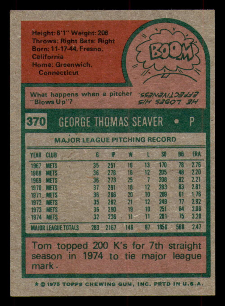 1975 Topps #370 Tom Seaver Ex-Mint  ID: 375219