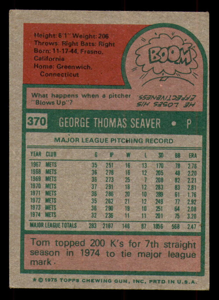 1975 Topps #370 Tom Seaver Very Good  ID: 375220