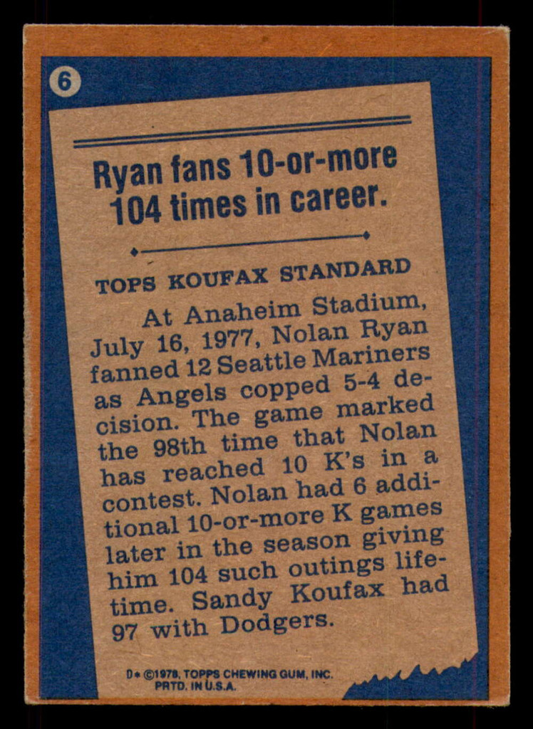 1978 Topps #6 Nolan Ryan RB Excellent+  ID: 375375