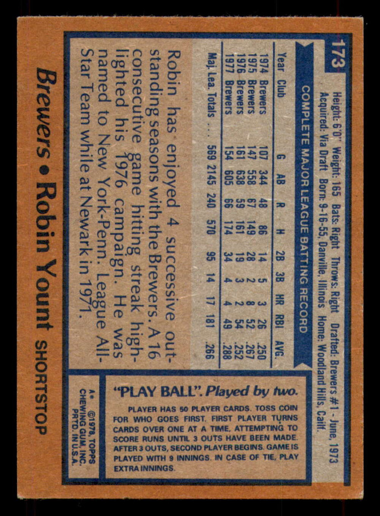 1978 Topps #173 Robin Yount UER Excellent  ID: 375395