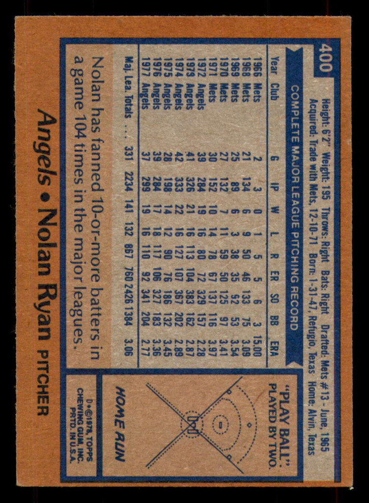 1978 Topps #400 Nolan Ryan Excellent+  ID: 375412