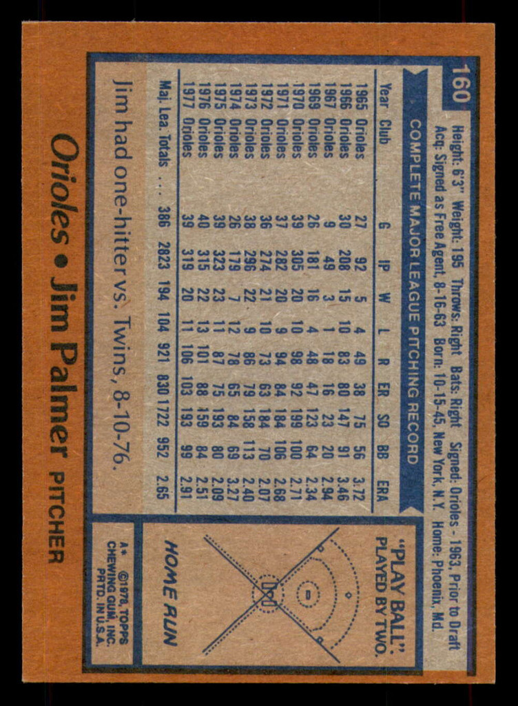 1978 Topps #160 Jim Palmer Near Mint  ID: 375438