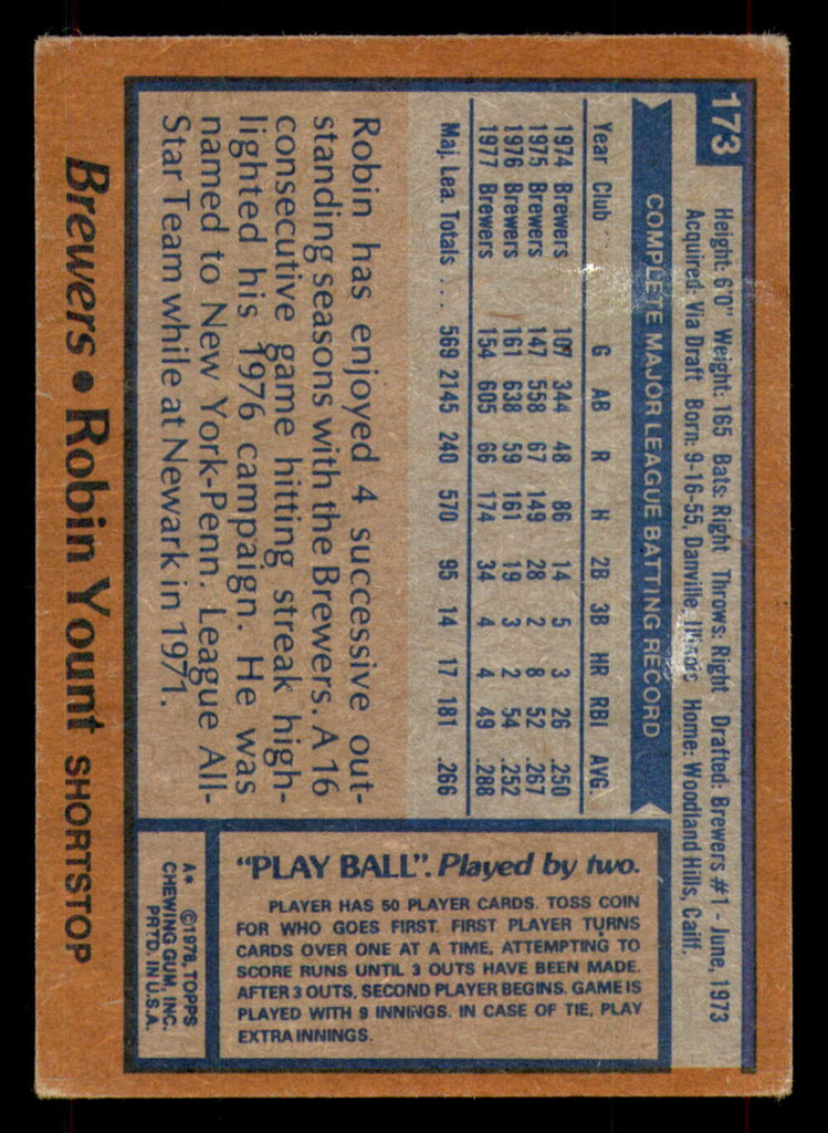 1978 Topps #173 Robin Yount UER Very Good  ID: 375440