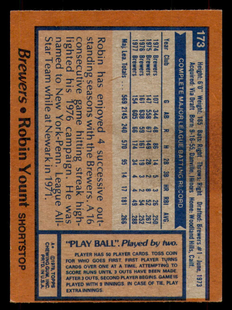 1978 Topps #173 Robin Yount UER Excellent+  ID: 375442
