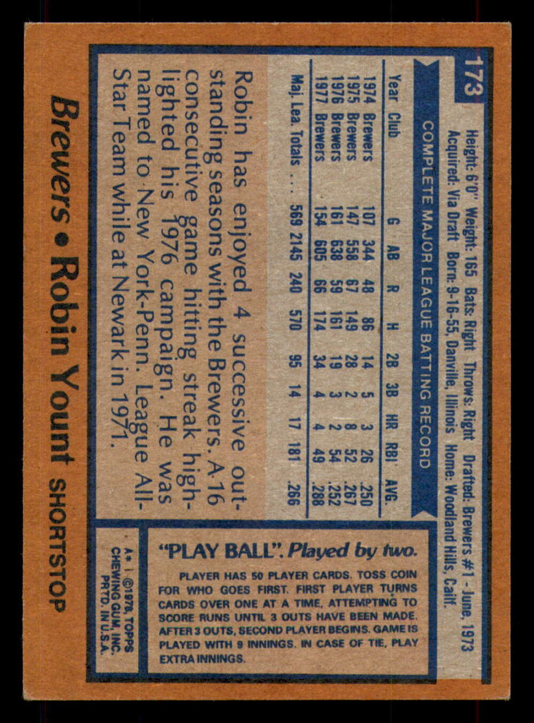 1978 Topps #173 Robin Yount UER Excellent+  ID: 375443