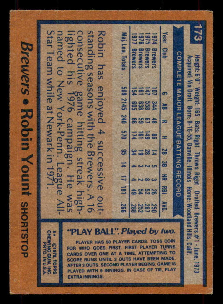 1978 Topps #173 Robin Yount UER Excellent+  ID: 375444