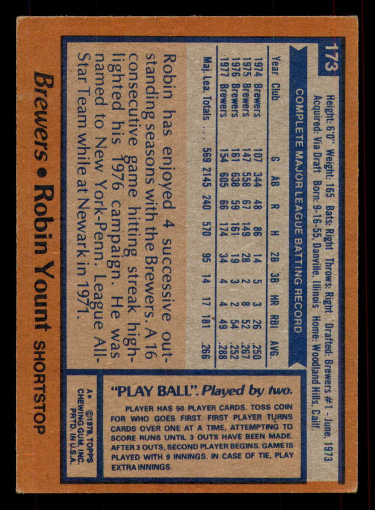 1978 Topps #173 Robin Yount UER VG-EX  ID: 375449