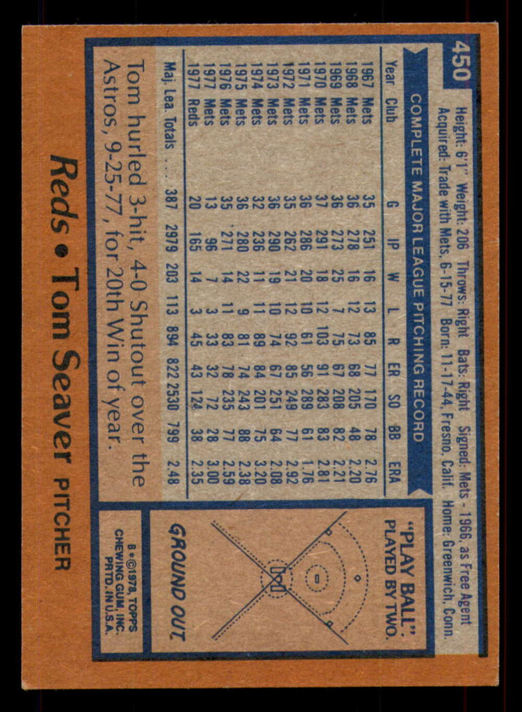 1978 Topps #450 Tom Seaver Ex-Mint  ID: 375466
