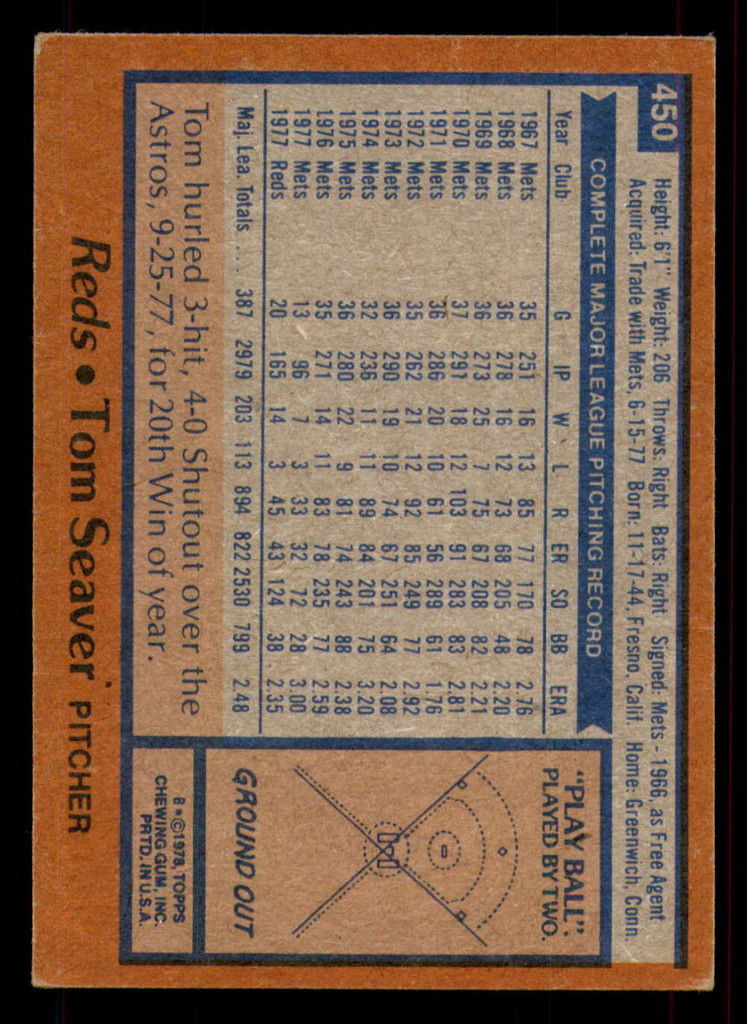 1978 Topps #450 Tom Seaver Excellent+  ID: 375467