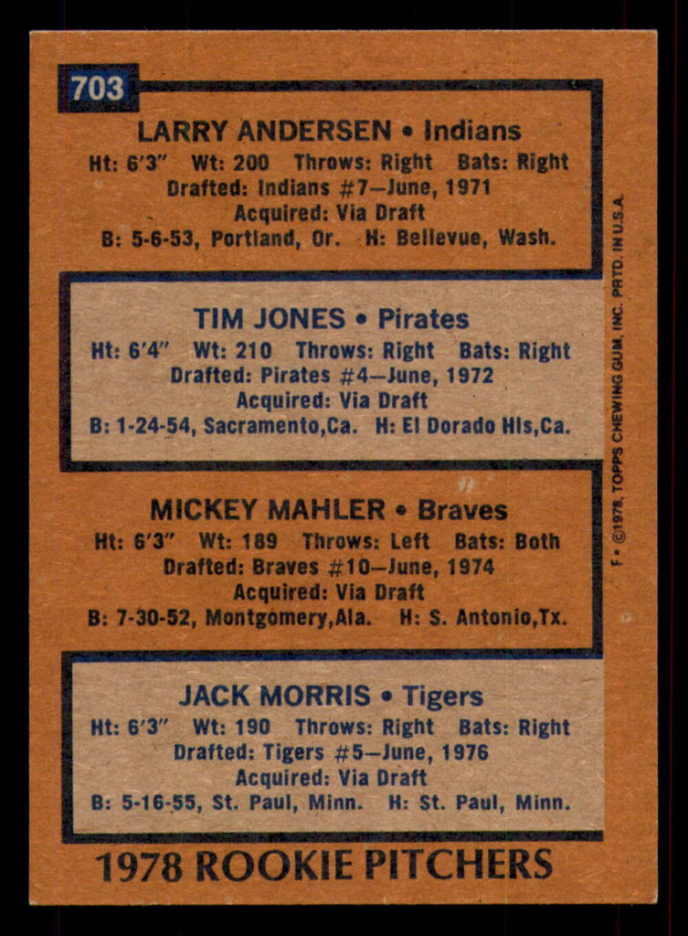 1978 Topps #703 Larry Andersen/Tim Jones/Mickey Mahler/Jack Morris Rookie Pitchers Ex-Mint RC Rookie  ID: 375476