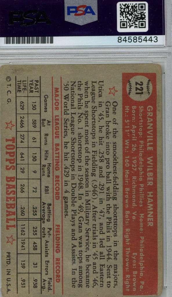 1952 Topps Granny Hamner Signed Auto PSA/DNA Phillies