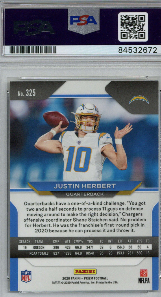 2020 Panini Prizm Justin Herbert Signed Auto PSA/DNA L.A. Chargers Mint 9