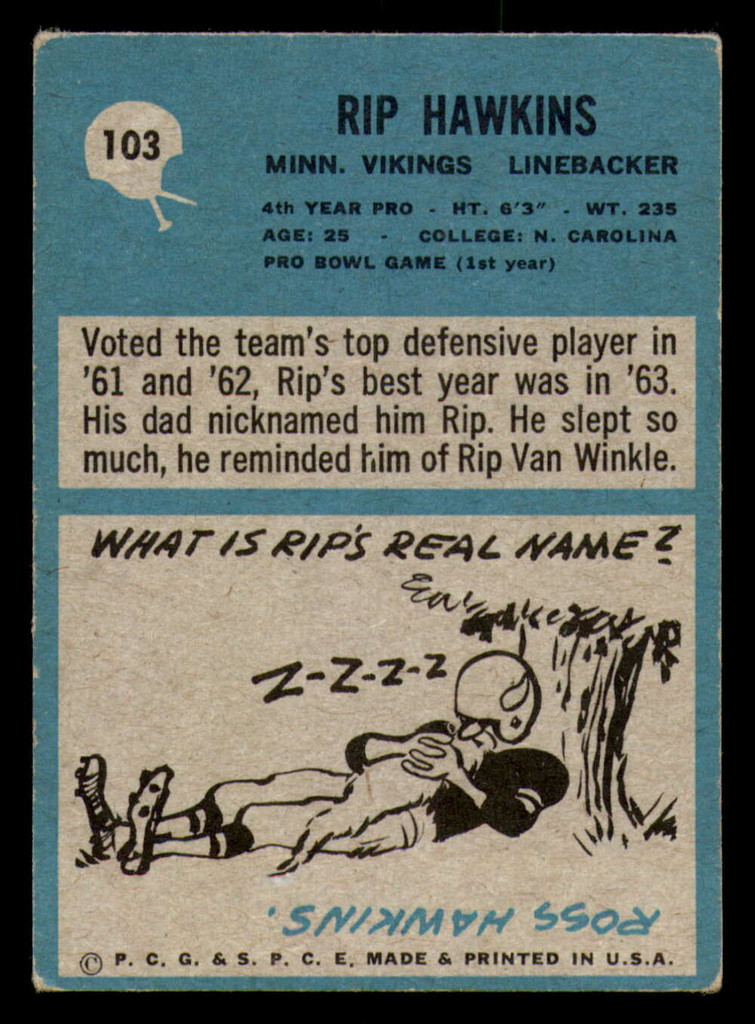 1964 Philadelphia #103 Rip Hawkins Excellent 