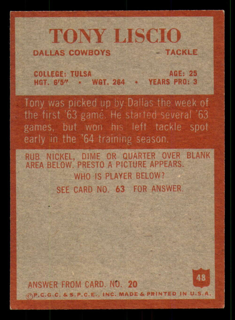 1965 Philadelphia #48 Tony Liscio Excellent+ RC Rookie  ID: 375915