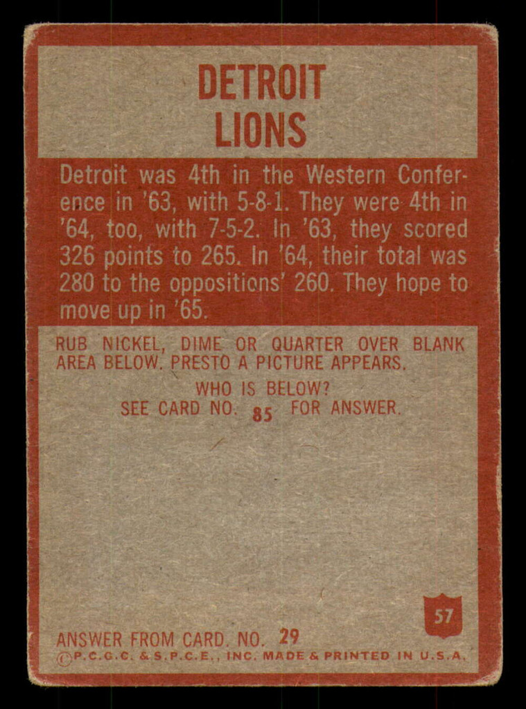 1965 Philadelphia #57 Lions Team Very Good  ID: 375927