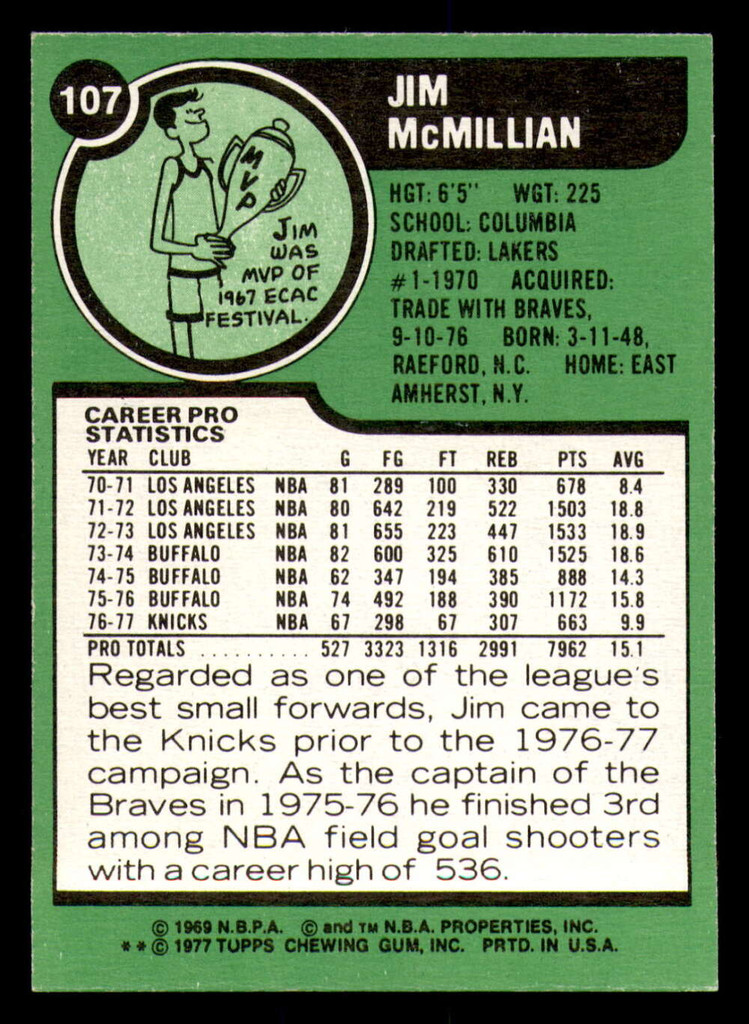 1977-78 Topps #107 Jim McMillian Near Mint  ID: 378428