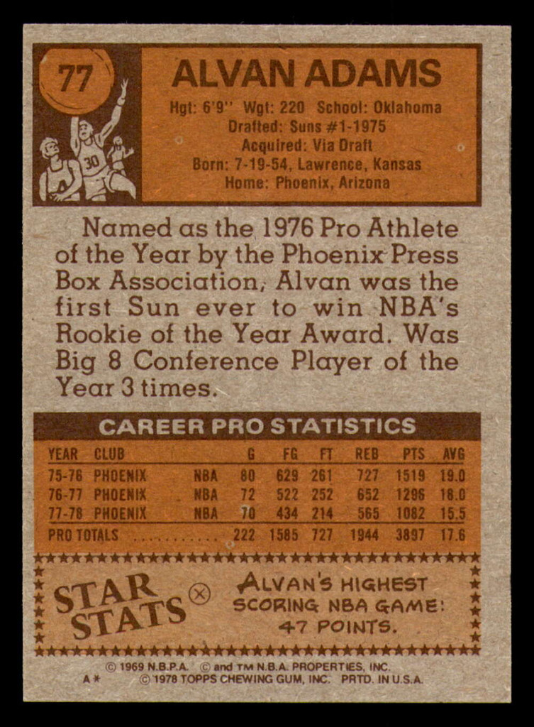 1978-79 Topps #77 Alvan Adams Near Mint 