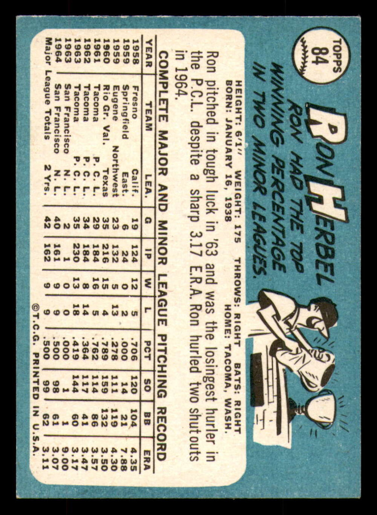 1965 Topps #84 Ron Herbel Ex-Mint  ID: 378902