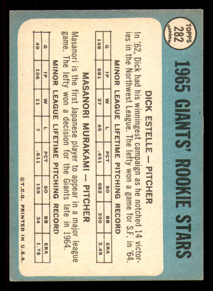 1965 Topps #282 Dick Estelle/Masanori Murakami Giants Rookies Excellent+ RC Rookie  ID: 379110