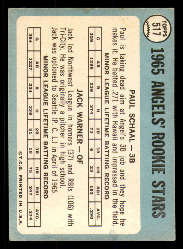 1965 Topps #517 Paul Schaal/Jack Warner Angels Rookies Very Good RC Rookie  ID: 379342