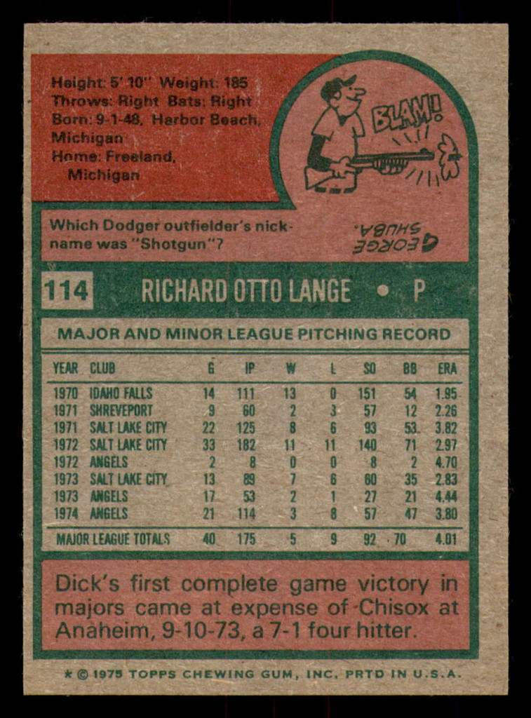 1975 Topps #114 Dick Lange NM-Mint  ID: 379518