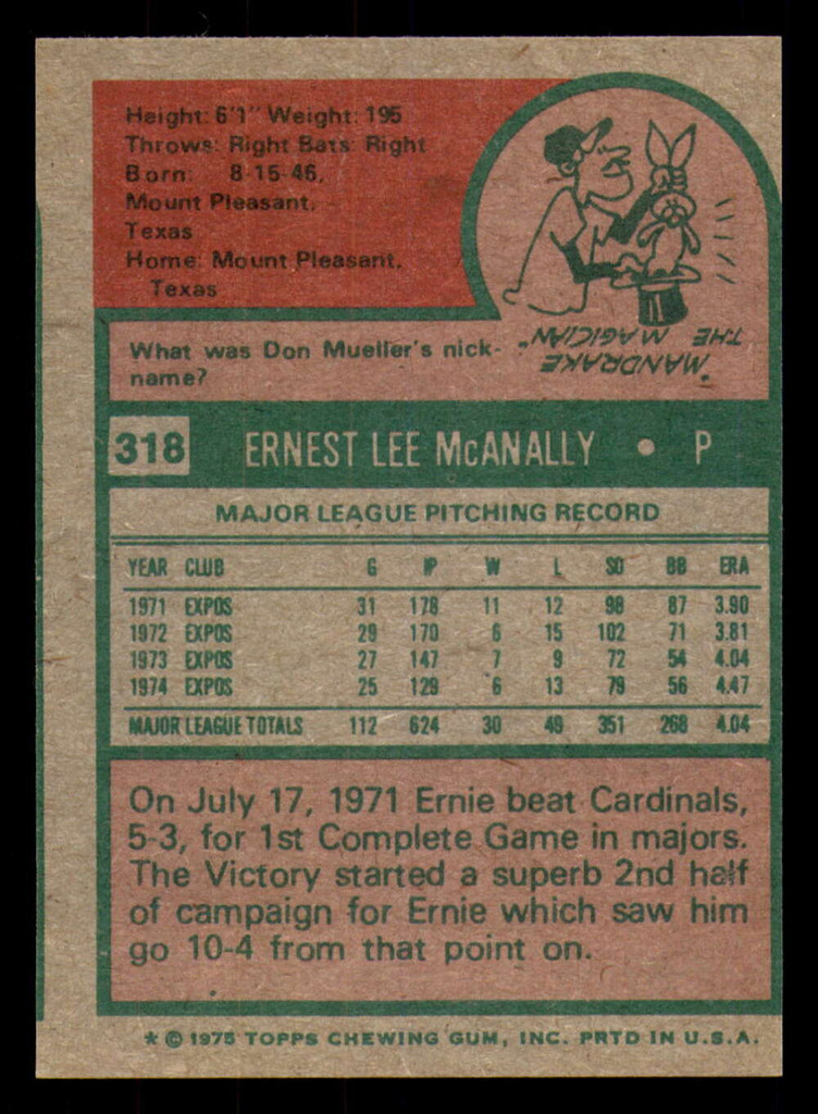 1975 Topps #318 Ernie McAnally Near Mint  ID: 379660