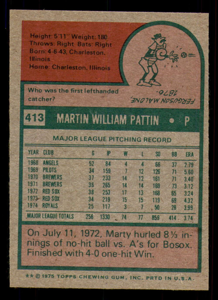 1975 Topps #413 Marty Pattin Near Mint+ 