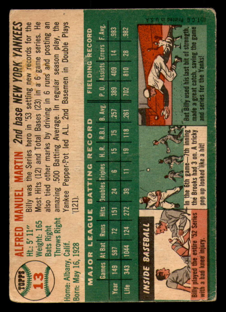 1954 Topps #13 Billy Martin Very Good  ID: 379927