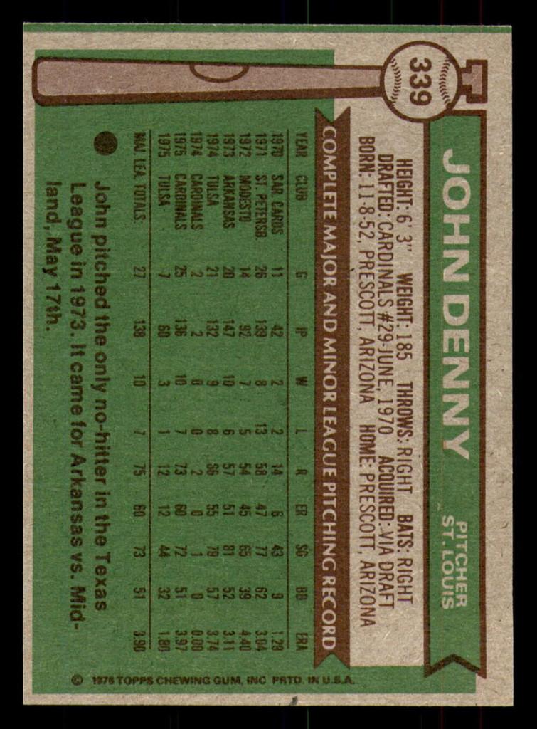 1976 Topps #339 John Denny Near Mint  ID: 380681