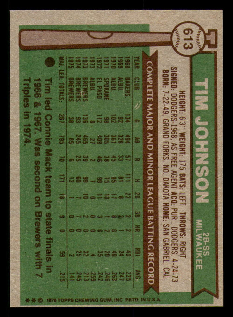 1976 Topps #613 Tim Johnson Near Mint 