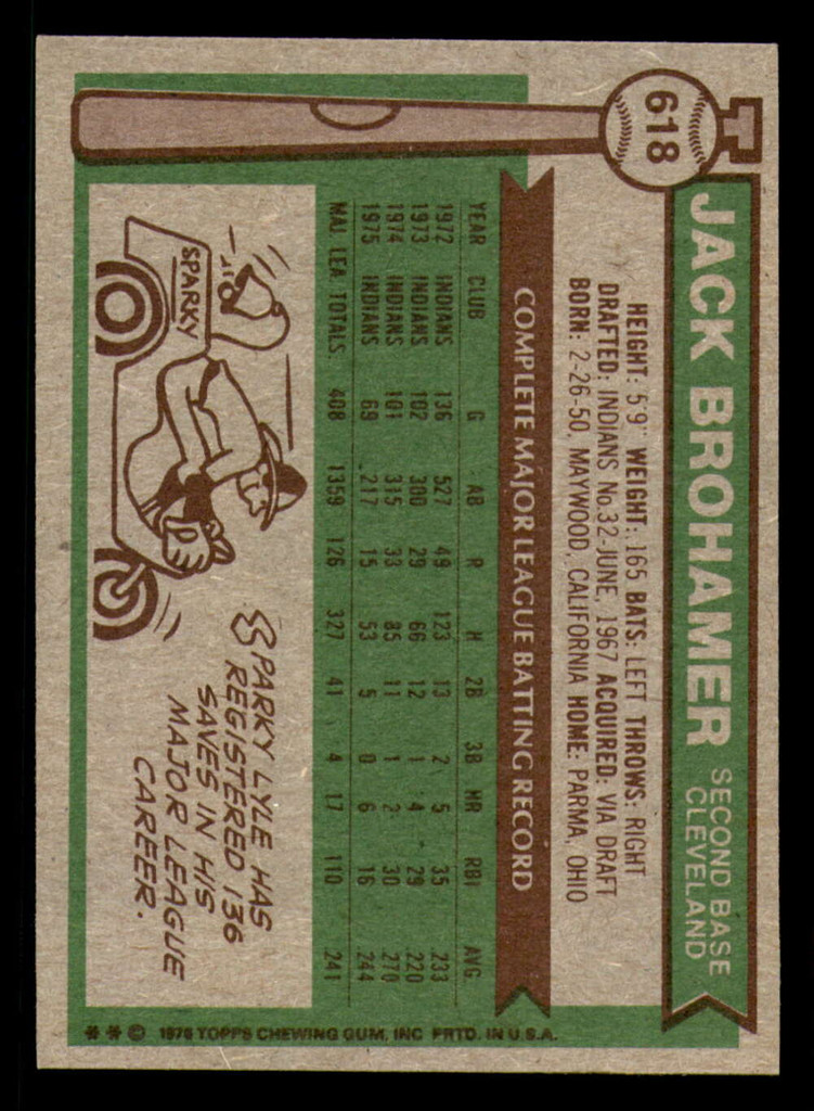 1976 Topps #618 Jack Brohamer Ex-Mint 