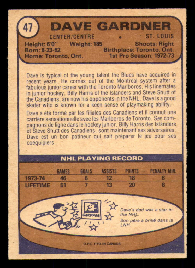 1974-75 O-Pee-Chee #47 Dave Gardner Ex-Mint RC Rookie 