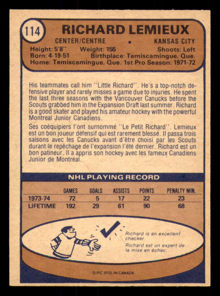 1974-75 O-Pee-Chee #114 Richard Lemieux Ex-Mint 