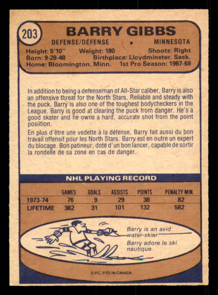 1974-75 O-Pee-Chee #203 Barry Gibbs Very Good 
