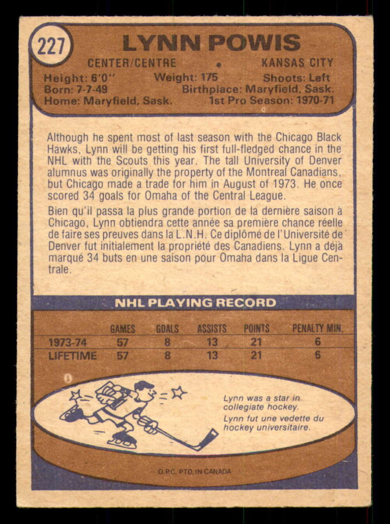 1974-75 O-Pee-Chee #227 Lynn Powis Excellent+ 