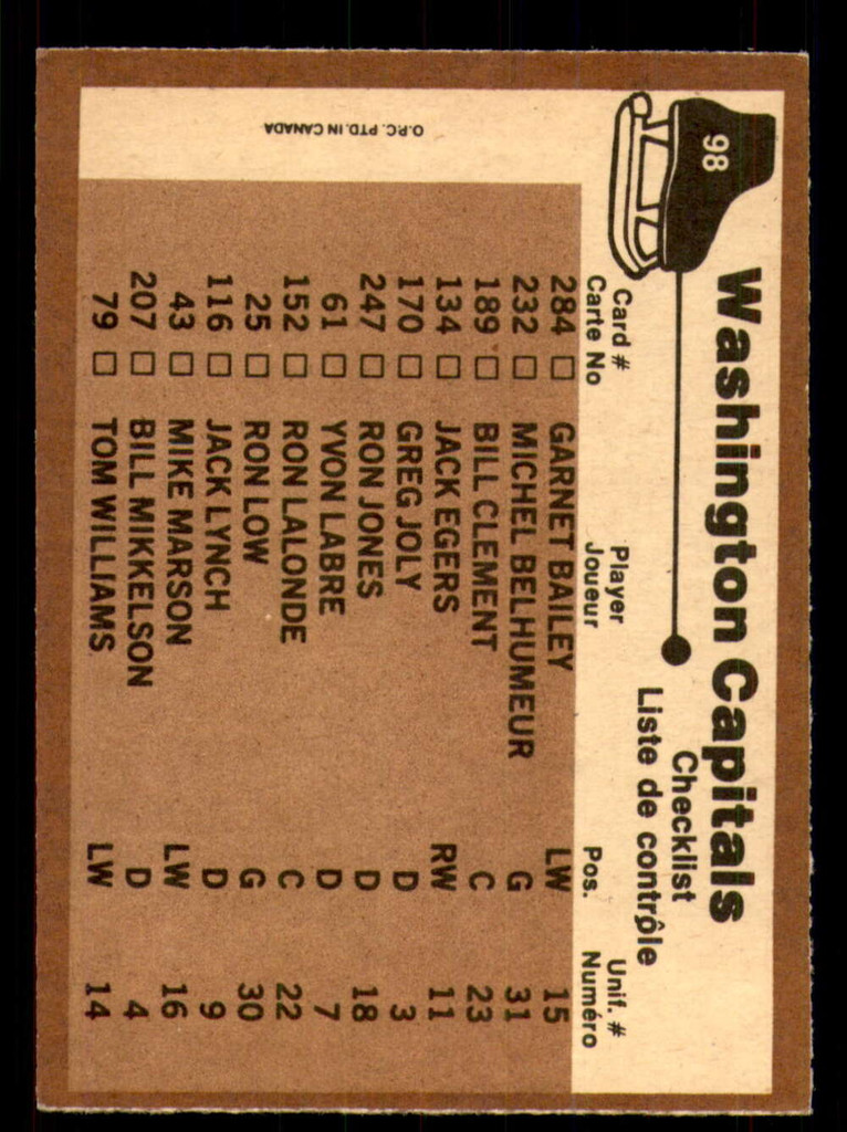 1975-76 O-Pee-Chee #98 Washington Capitals CL Excellent+ 
