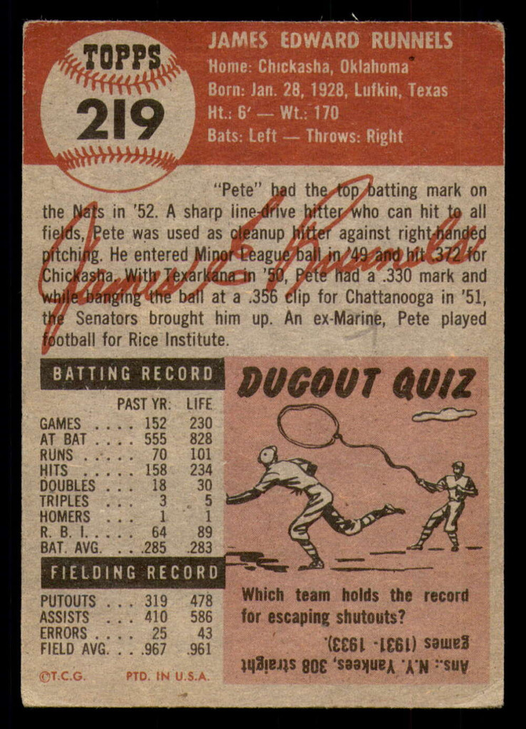 1953 Topps #219 Pete Runnels UER Writing on Card Senators UER ID:382573