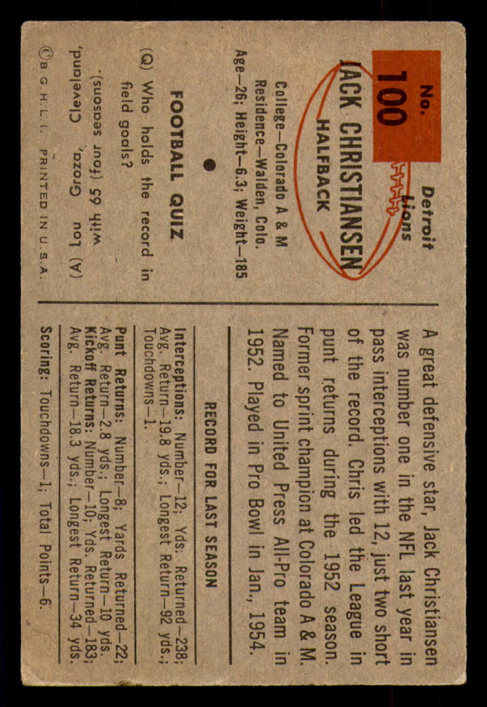 1954 Bowman #100 Jack Christiansen Very Good  ID: 382589