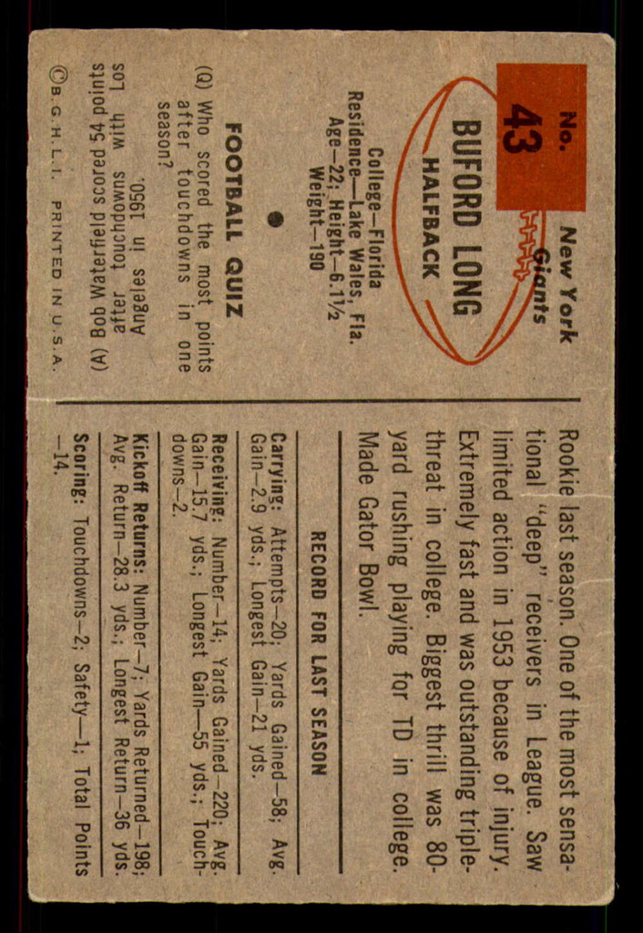 1954 Bowman #43 Buford Long Very Good  ID: 382637
