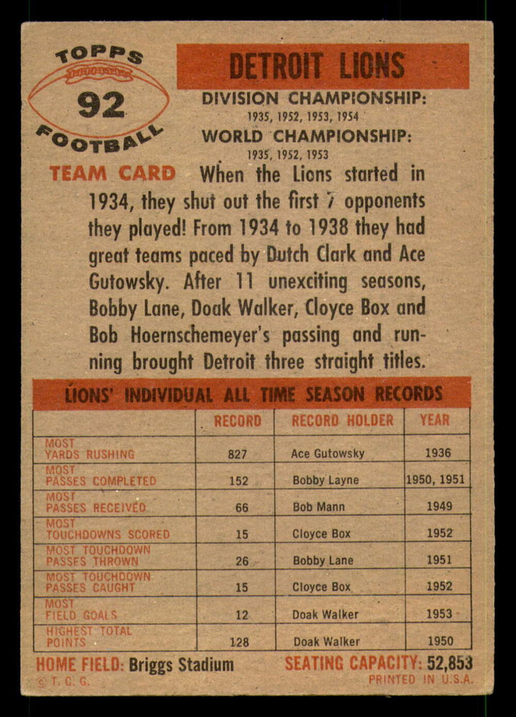 1956 Topps #92 Lions Team Good 