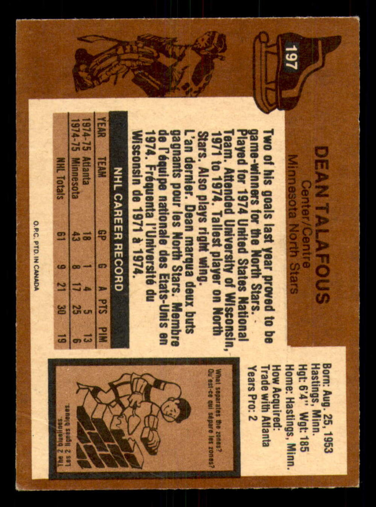 1975-76 O-Pee-Chee #197 Dean Talafous Very Good RC Rookie 