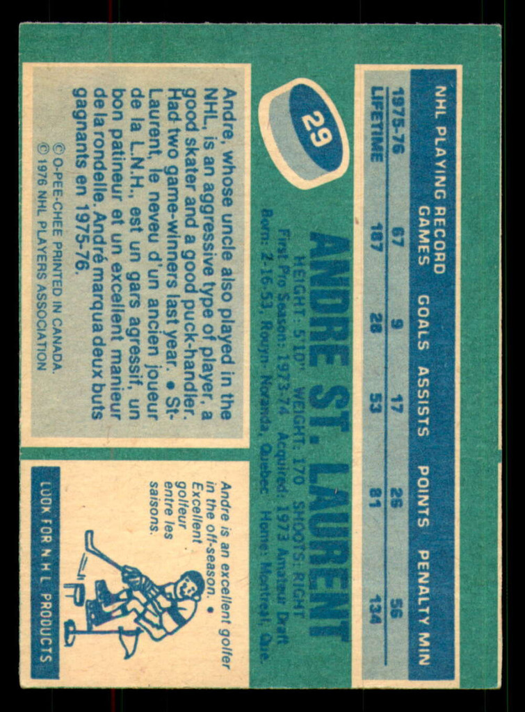1976-77 O-Pee-Chee #29 Andre St. Laurent Ex-Mint 