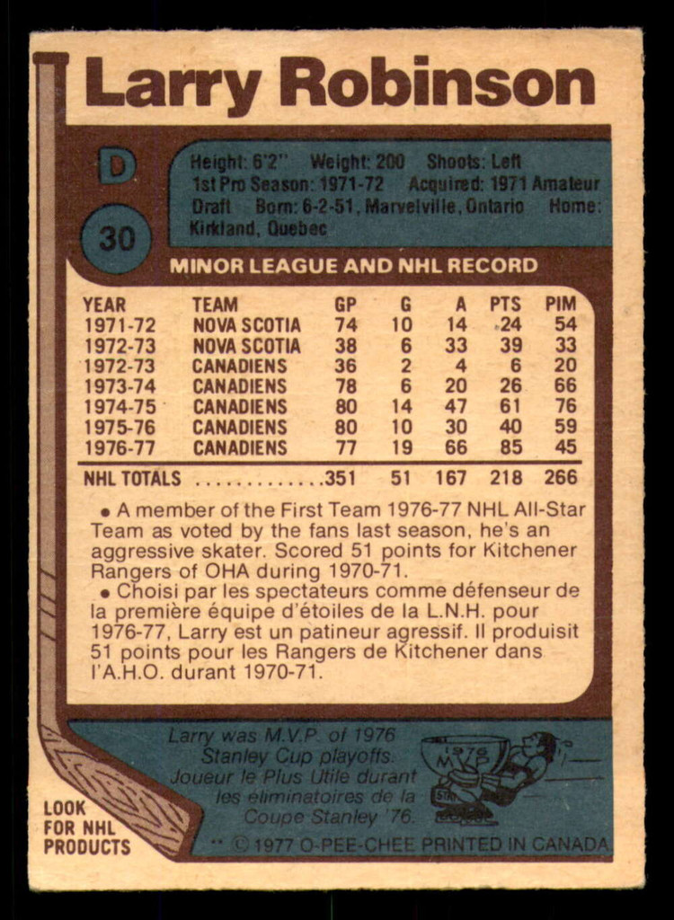 1977-78 O-Pee-Chee #30 Larry Robinson AS Very Good 