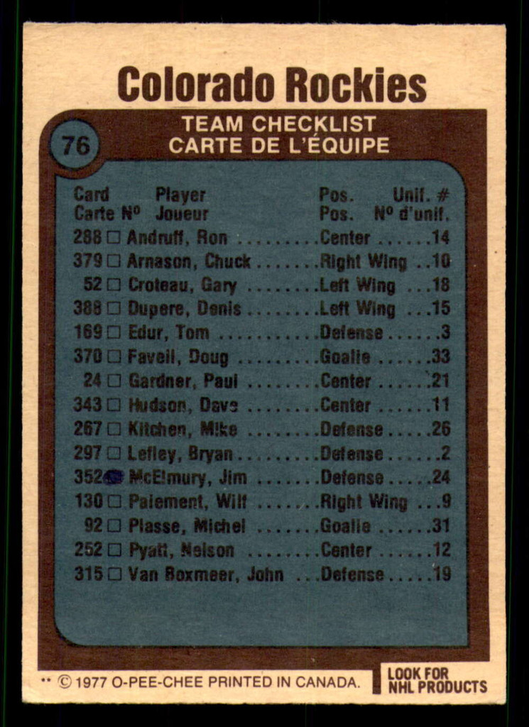 1977-78 O-Pee-Chee #76 Rockies Team Ex-Mint 