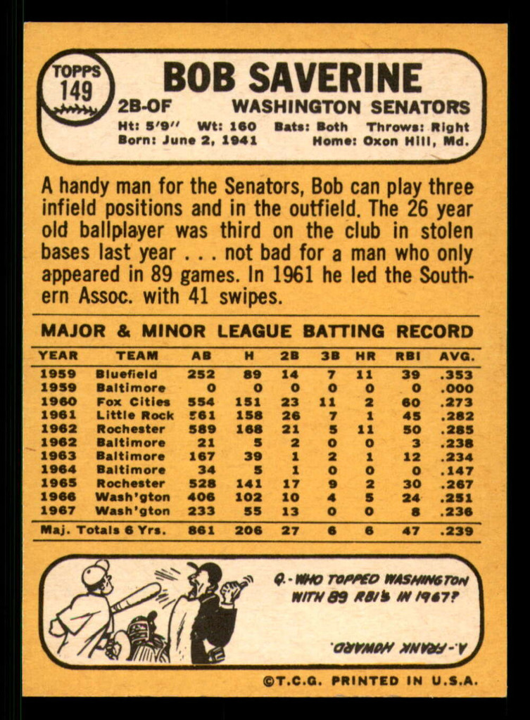 1968 Topps #149 Bob Saverine NM-Mint  ID: 383814