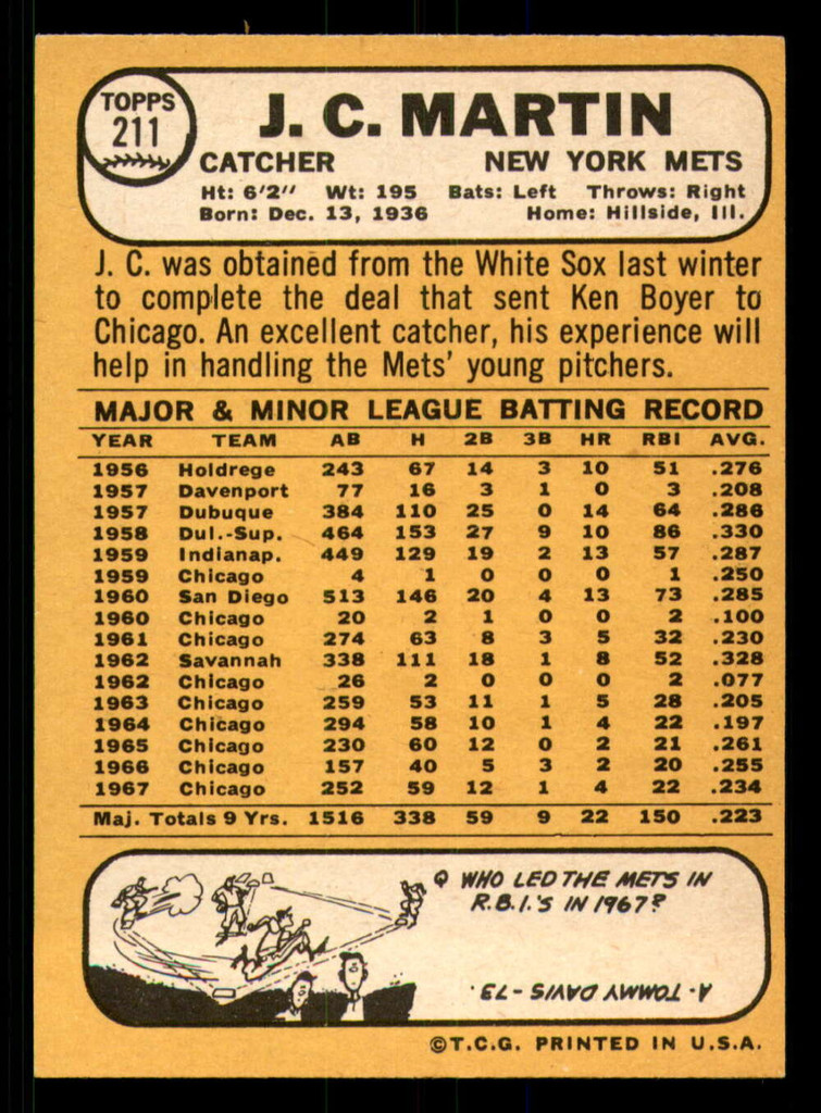 1968 Topps #211 J.C. Martin Near Mint+  ID: 383873
